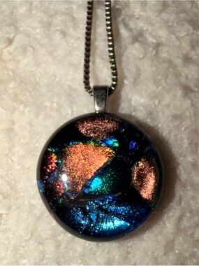 Dichroic Glass Round Pendant Necklace in Iridescent Copper & Teal